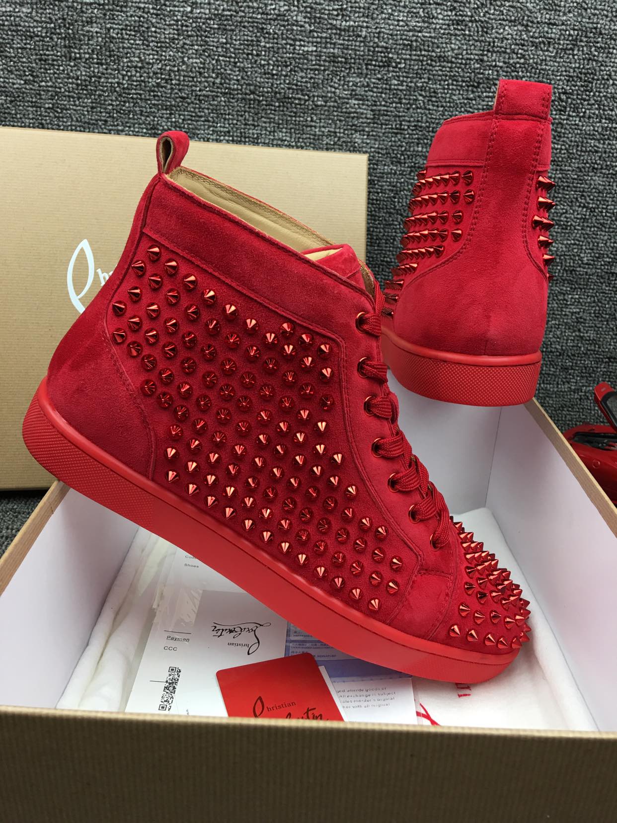 Christian Louboutin Red Suede High Top Spikes Flats Men Sneakers