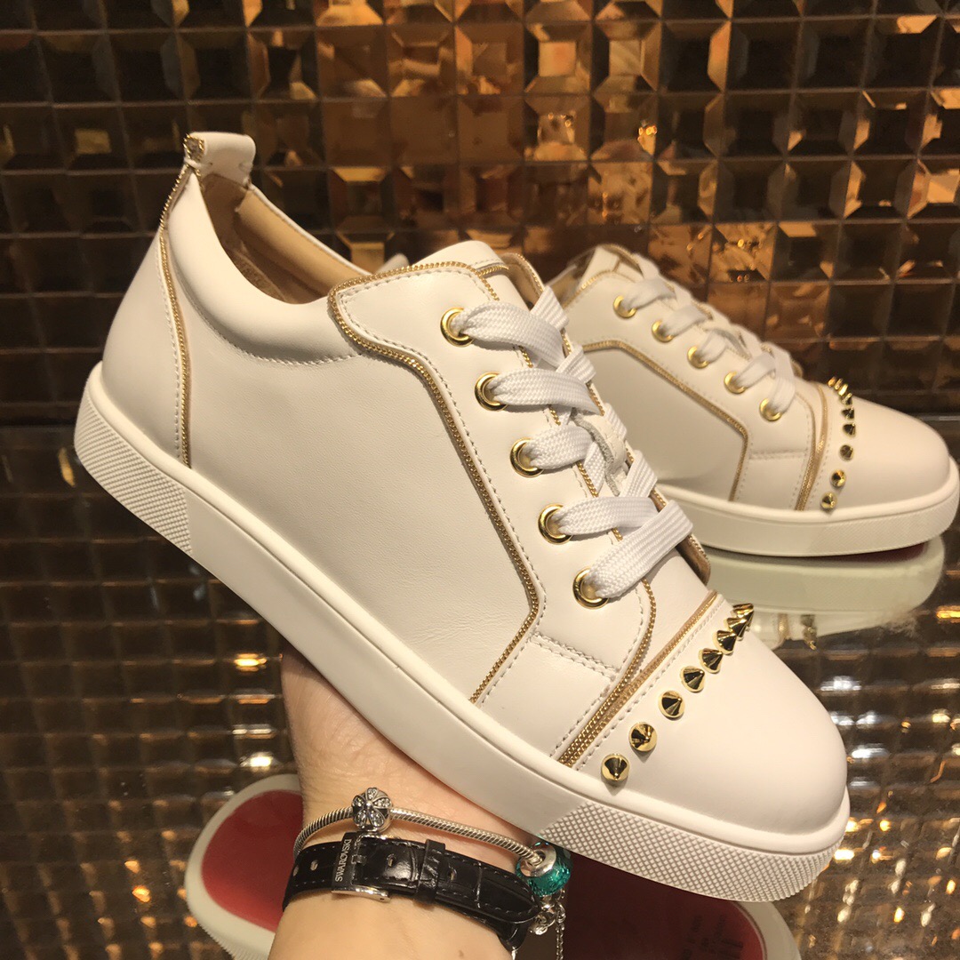 Christian Louboutin White Low Top Beige Stripe Gold Row Spikes Junior Shoes