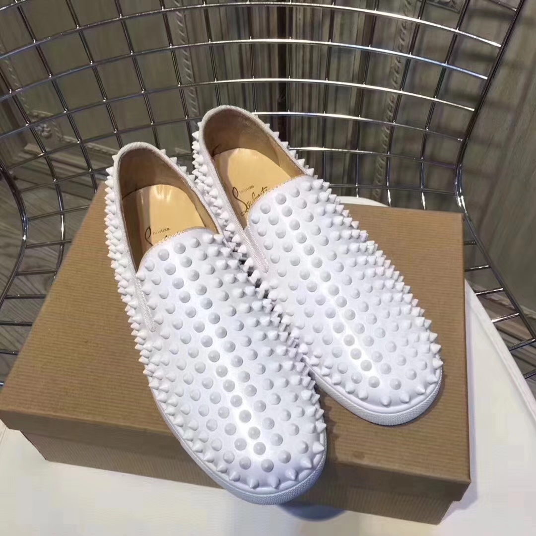 Louboutin For Man Sneakers Christian Louboutin Flat White Leather Spike Boat Shoes