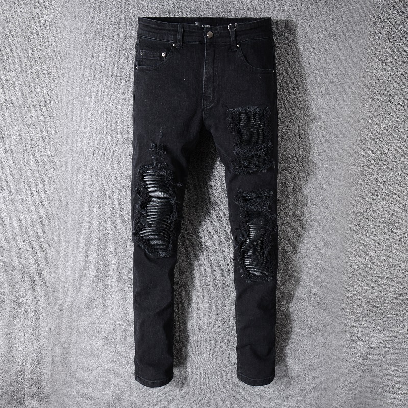 Amiri Men Jeans MX1 Classic Cargo Camo stack distressed with calf leather ribbed patches at knee