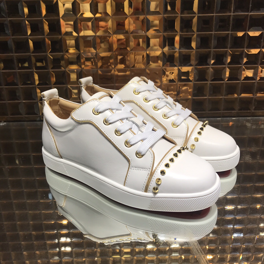 Christian Louboutin White Low Top Beige Stripe Gold Row Spikes Junior Shoes