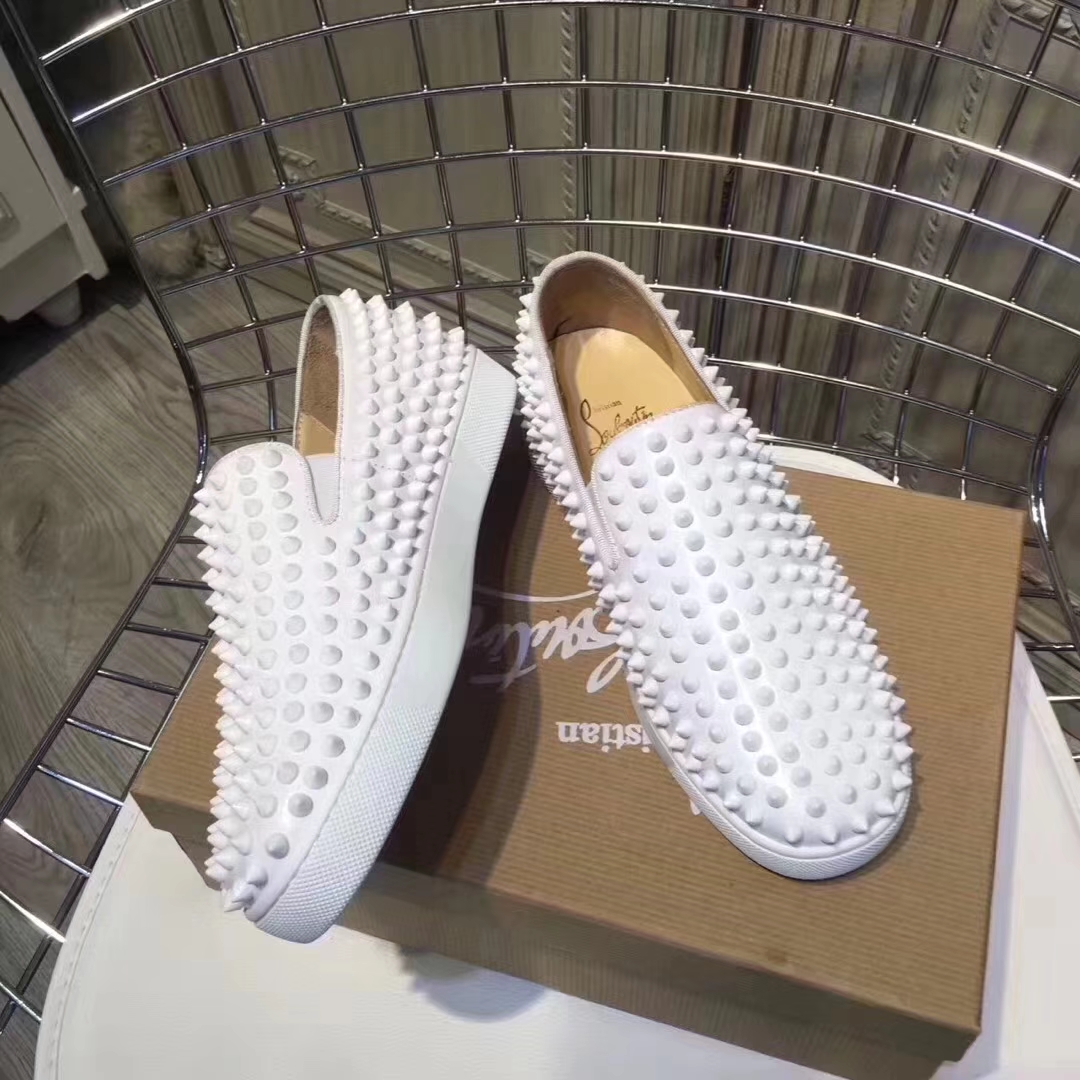 Louboutin For Man Sneakers Christian Louboutin Flat White Leather Spike Boat Shoes