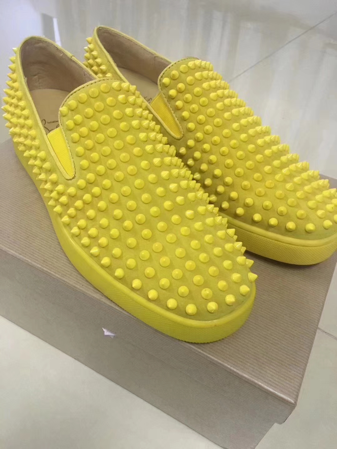 Louboutin For Man Sneakers Christian Louboutin Flat Yellow Suede Spike Boat Shoes
