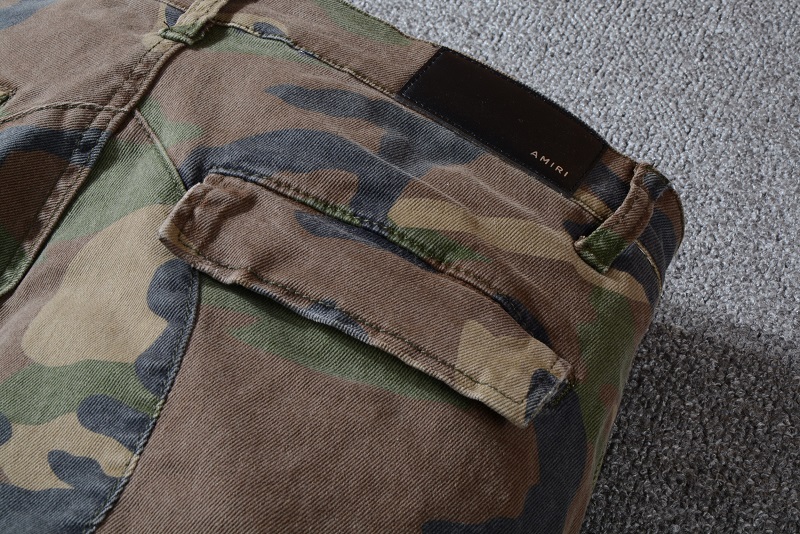Amiri Men Jeans MX1 Classic Cargo Camo stack distressed with calf leather ribbed patches at knee