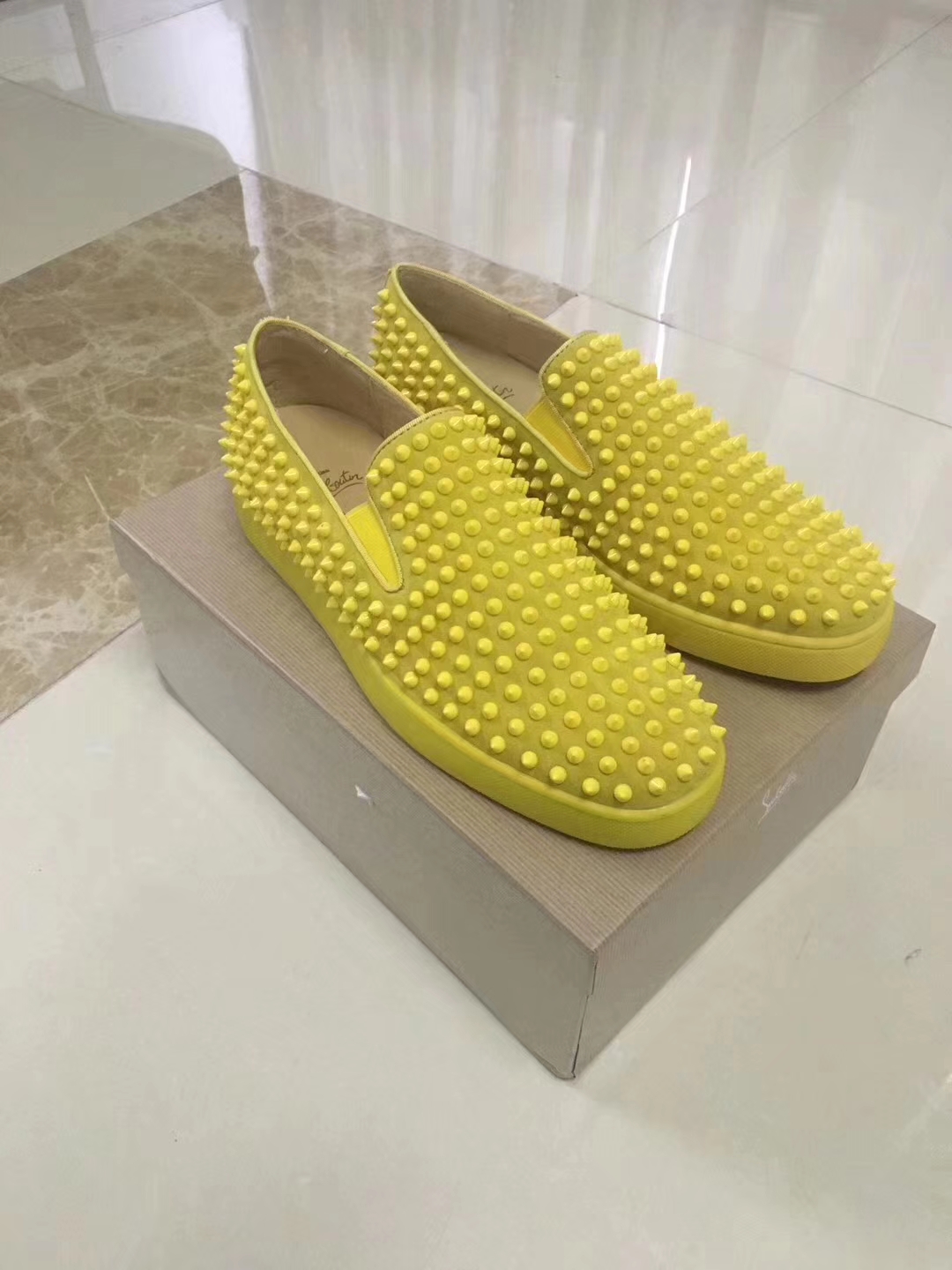 Louboutin For Man Sneakers Christian Louboutin Flat Yellow Suede Spike Boat Shoes