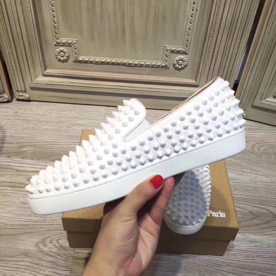 Louboutin For Man Sneakers Christian Louboutin Flat White Leather Spike Boat Shoes
