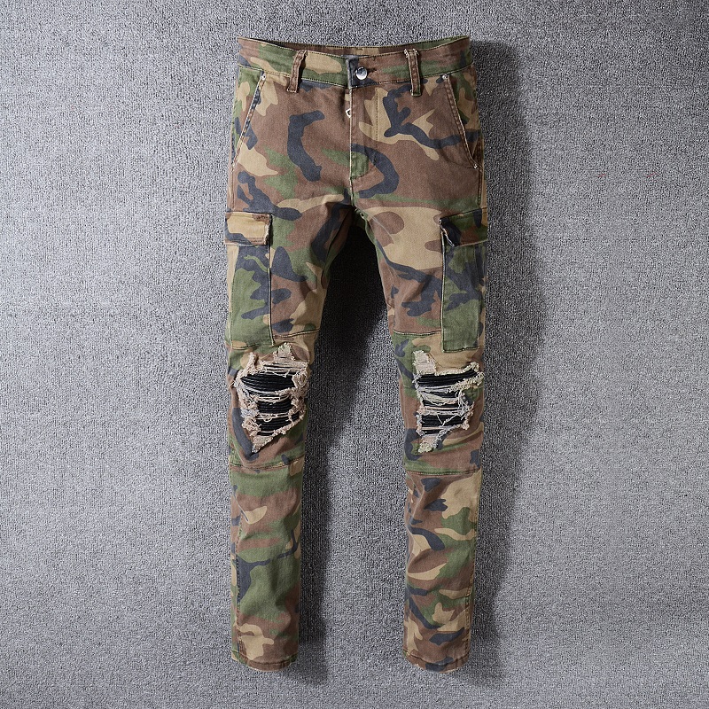 Amiri Men Jeans MX1 Classic Cargo Camo stack distressed with calf leather ribbed patches at knee