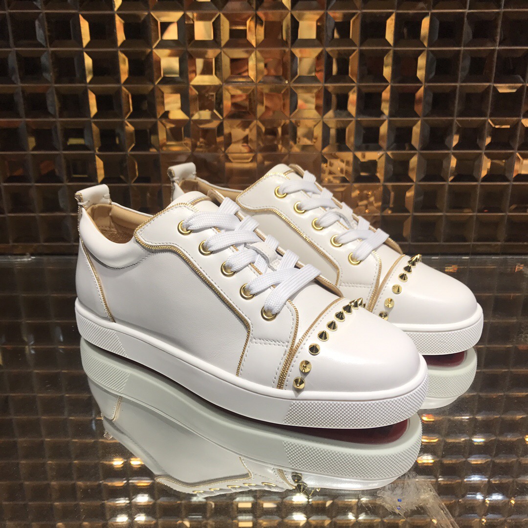 Christian Louboutin White Low Top Beige Stripe Gold Row Spikes Junior Shoes