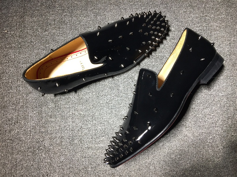 Red bottom man shoe Christian Louboutin Loafer Black Patent With Spikes Men Shoes