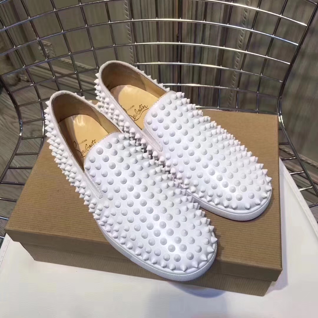 Louboutin For Man Sneakers Christian Louboutin Flat White Leather Spike Boat Shoes