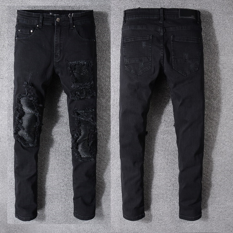 Amiri Men Jeans MX1 Classic Cargo Camo stack distressed with calf leather ribbed patches at knee