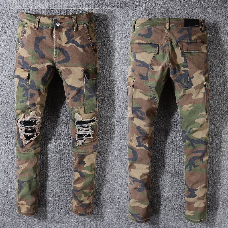 Amiri Men Jeans MX1 Classic Cargo Camo stack distressed with calf leather ribbed patches at knee
