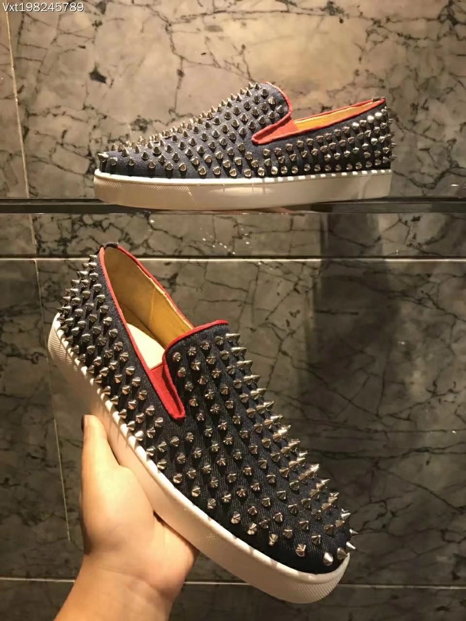 Christian Louboutin Denim Blue With Spike Boat Shoes