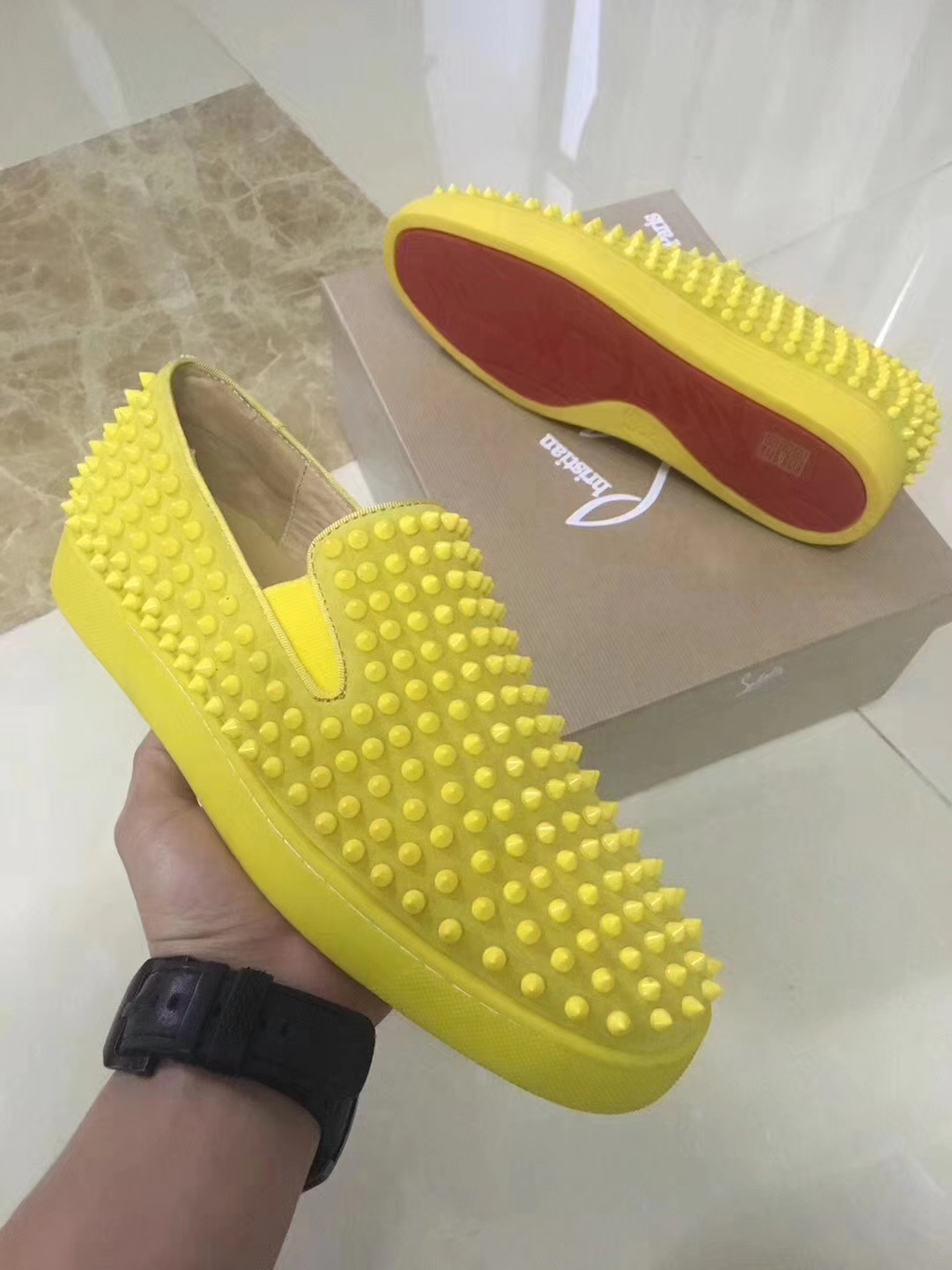 Louboutin For Man Sneakers Christian Louboutin Flat Yellow Suede Spike Boat Shoes