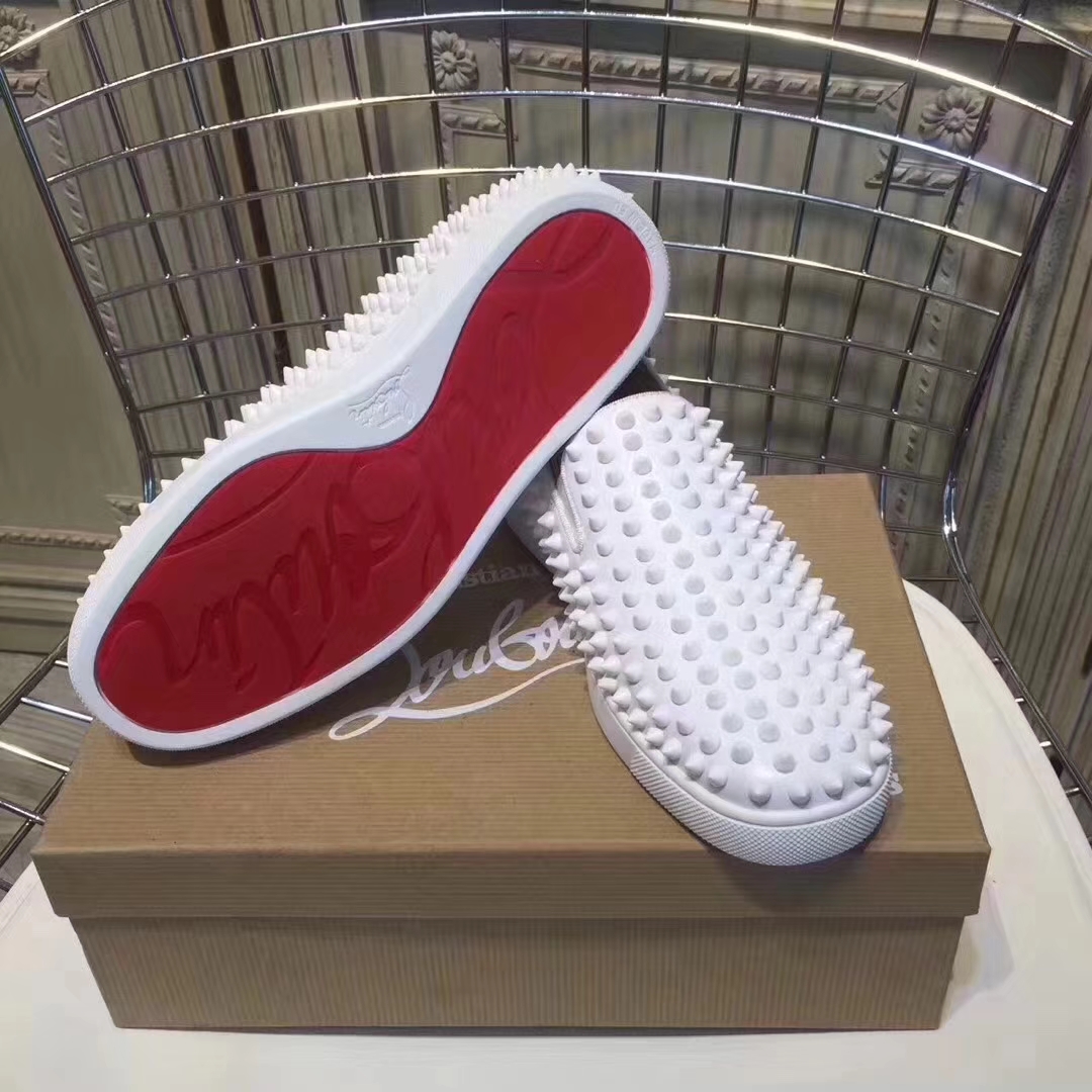 Louboutin For Man Sneakers Christian Louboutin Flat White Leather Spike Boat Shoes
