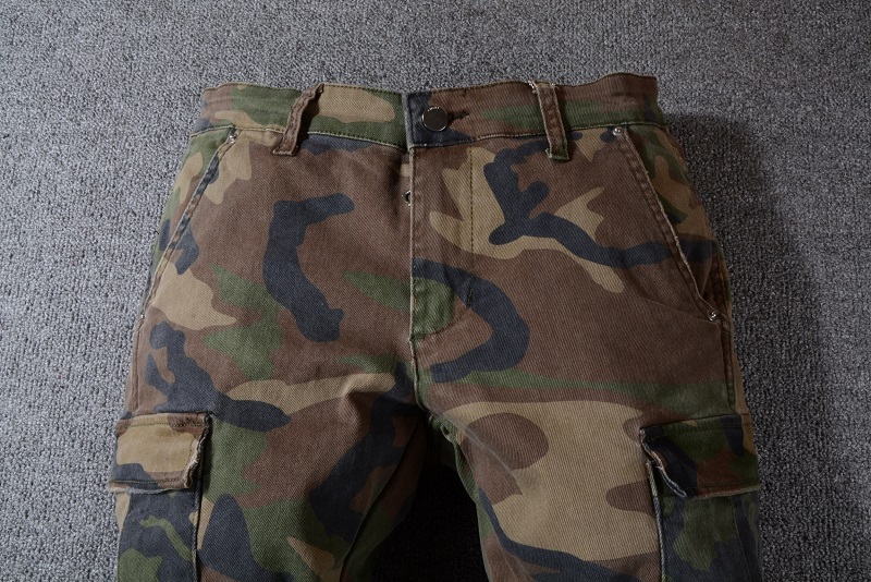Amiri Men Jeans MX1 Classic Cargo Camo stack distressed with calf leather ribbed patches at knee