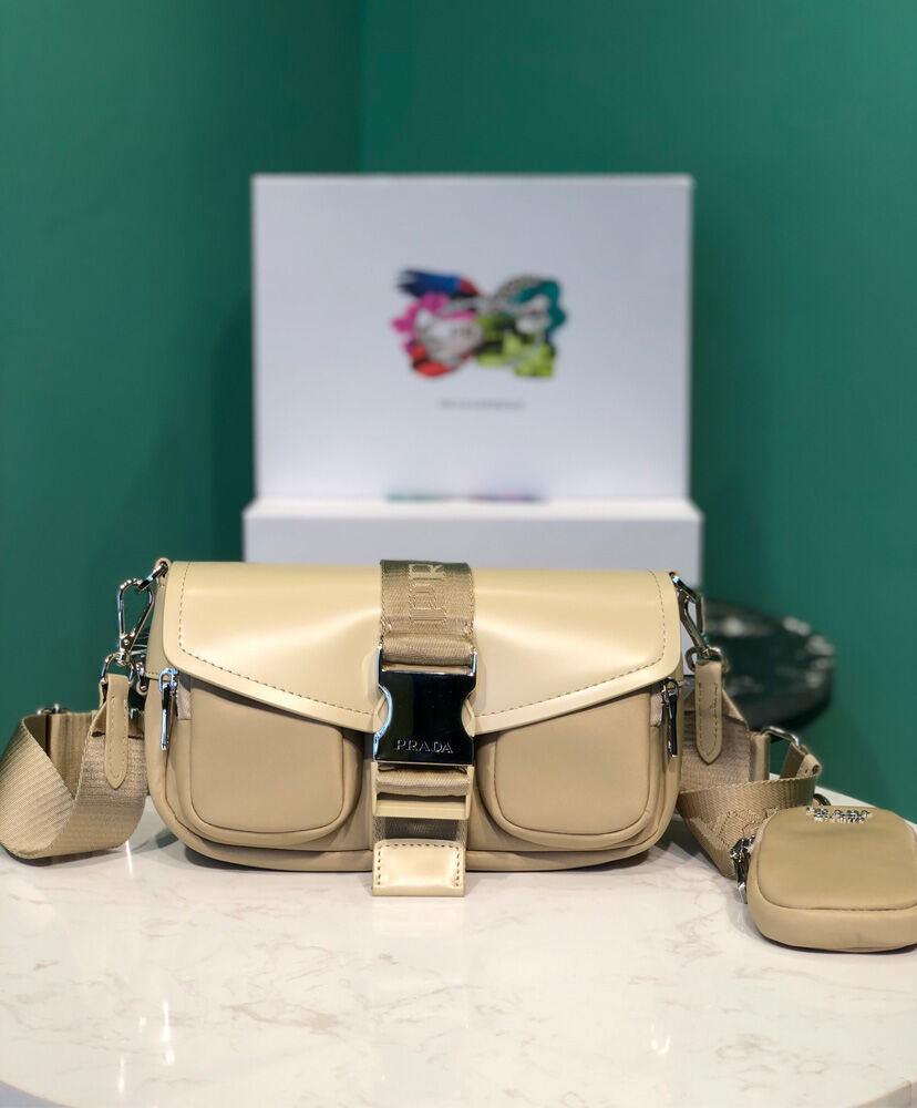 Prada Pocket Nylon And Brushed Leather Bag 1BA896 Apricot