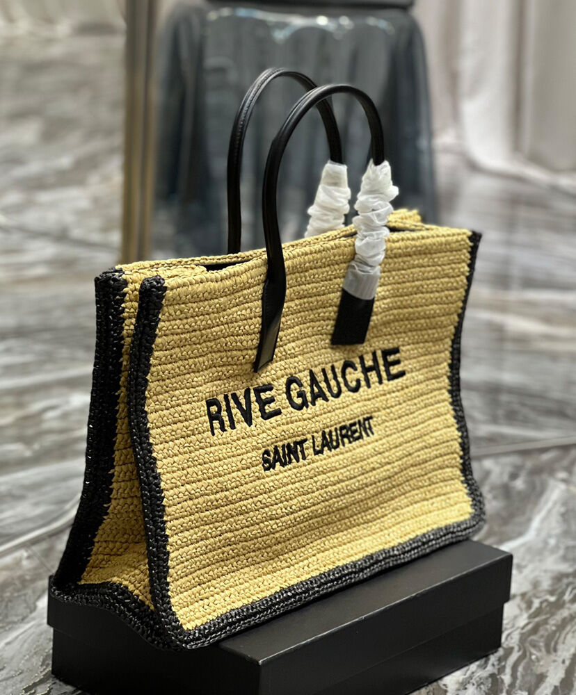 Saint Laurent Rive Gauche Tote Bag In Raffia And Leather Apricot