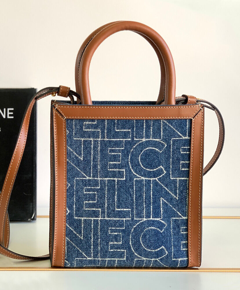 Celine Mini Vertical Cabas Celine In Denim With Celine All-Over Print Blue