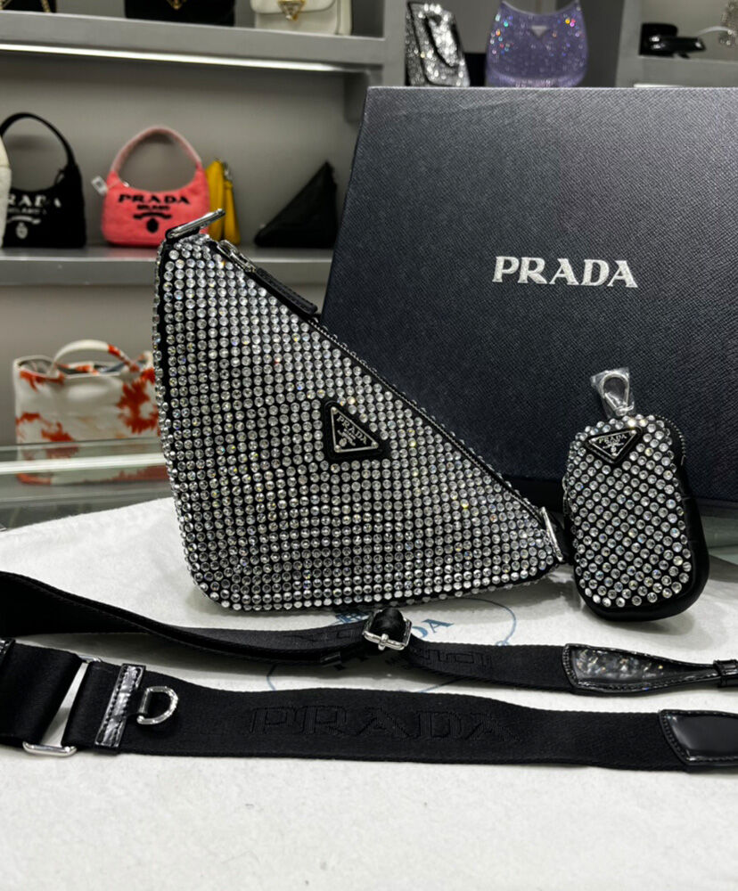 Prada Crystal-studded Satin Pouch 1NQ044 Black