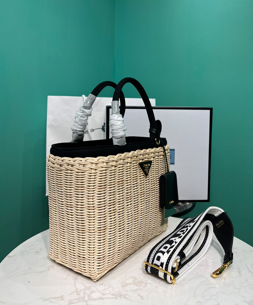 Prada Wicker And Canvas Tote 1BG835 Black