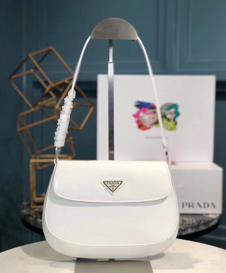 Prada Cleo brushed leather shoulder bag with flap 1BD311 White