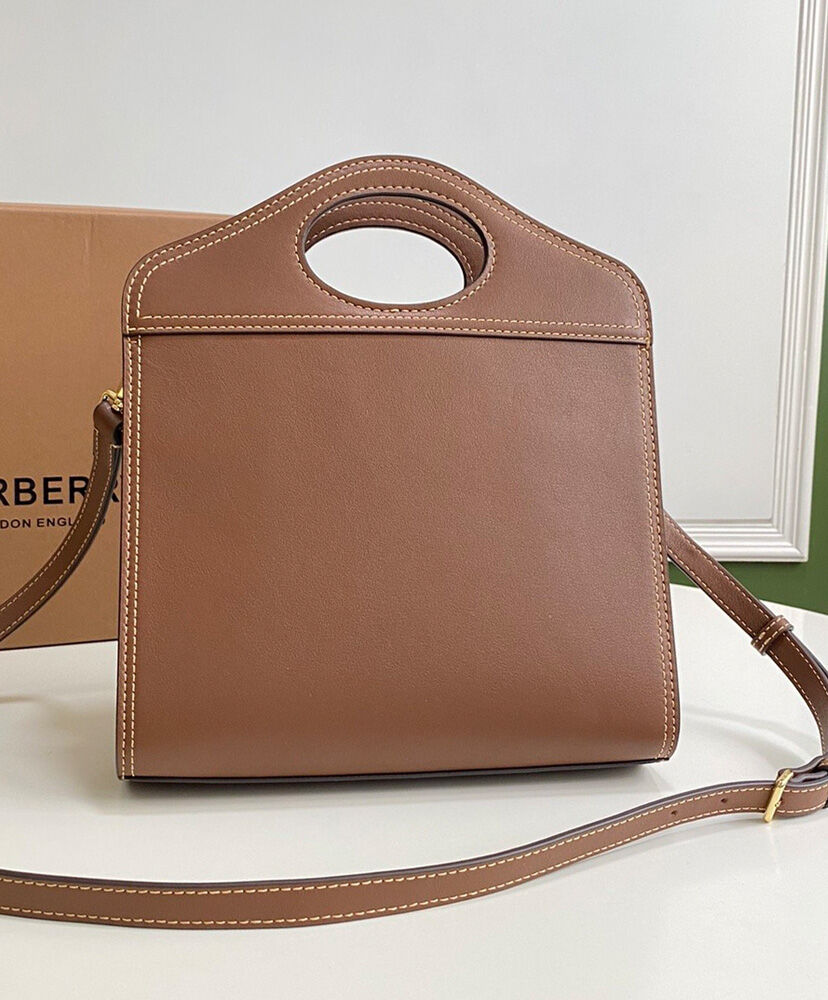 Burberry Mini Topstitch Detail Leather Pocket Bag Coffee
