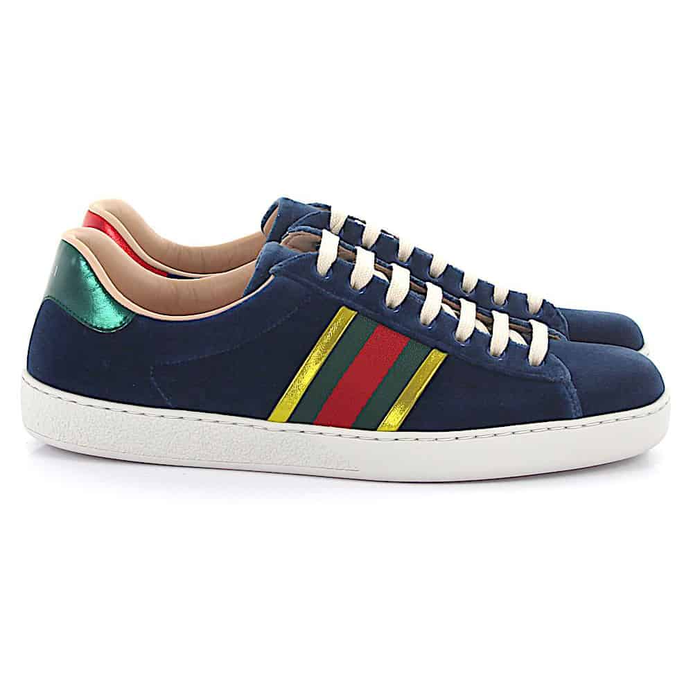 GUCCI ACE SNEAKER VELVET BLUE METALLIC STRIPE   GC40