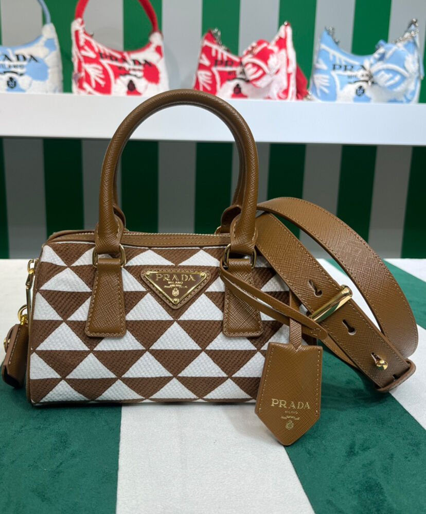 Prada Symbole Embroidered Jacquard Fabric Top-handle Bag Coffee