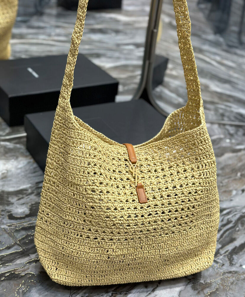 Saint Laurent Hobo Raffia Bag In Crochet And Smooth Leather Apricot