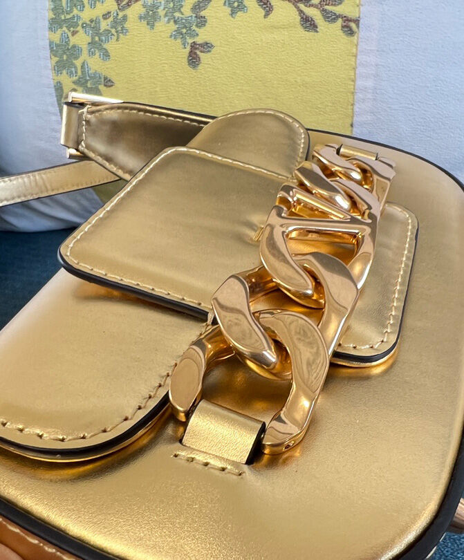 Valentino Vlogo Chain Small Laminated Nappa Shoulder Bag Golden