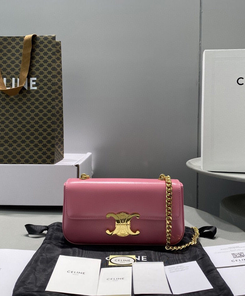 Celine Chain Shoulder Bag Triomphe In Shiny Calfskin Pink