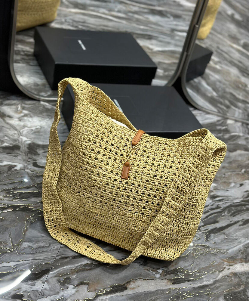 Saint Laurent Hobo Raffia Bag In Crochet And Smooth Leather Apricot