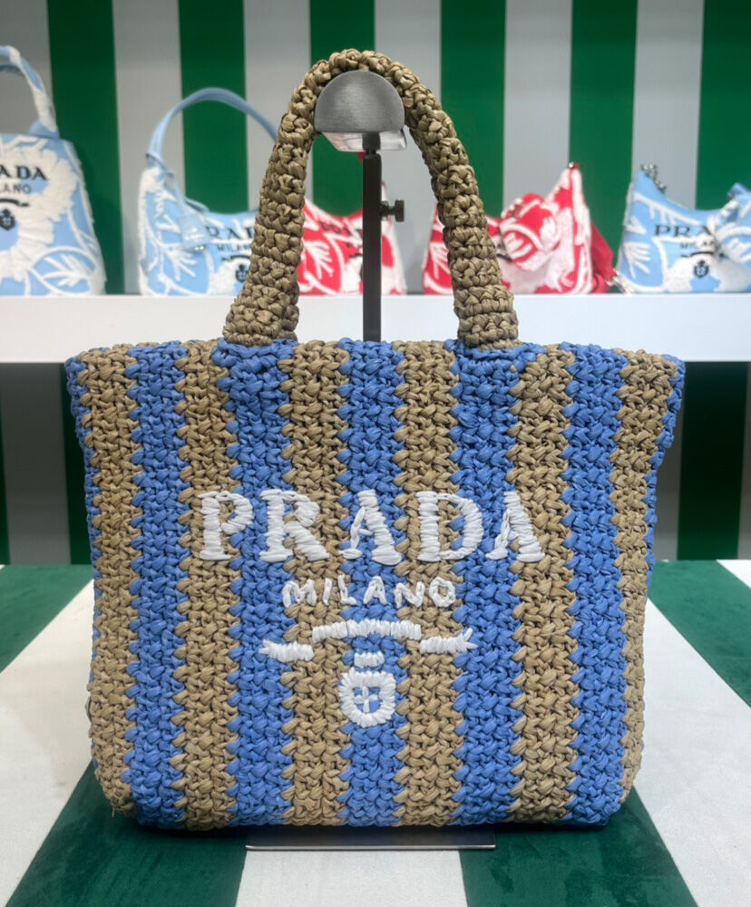 Prada Small Raffia Tote Bag Blue