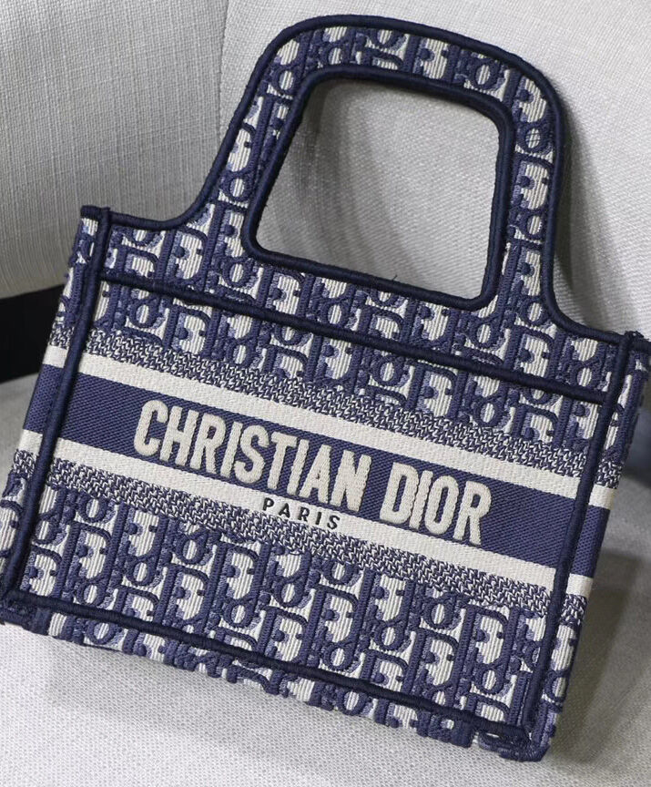 Christian Dior Mini Book Tote Original Dior Oblique Embroidered Canvas Bag Dark Blue