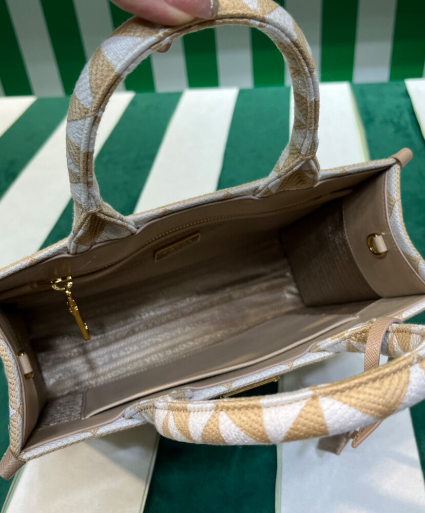 Prada Small Prada Symbole Embroidered Fabric Handbag 1BA354 Cream