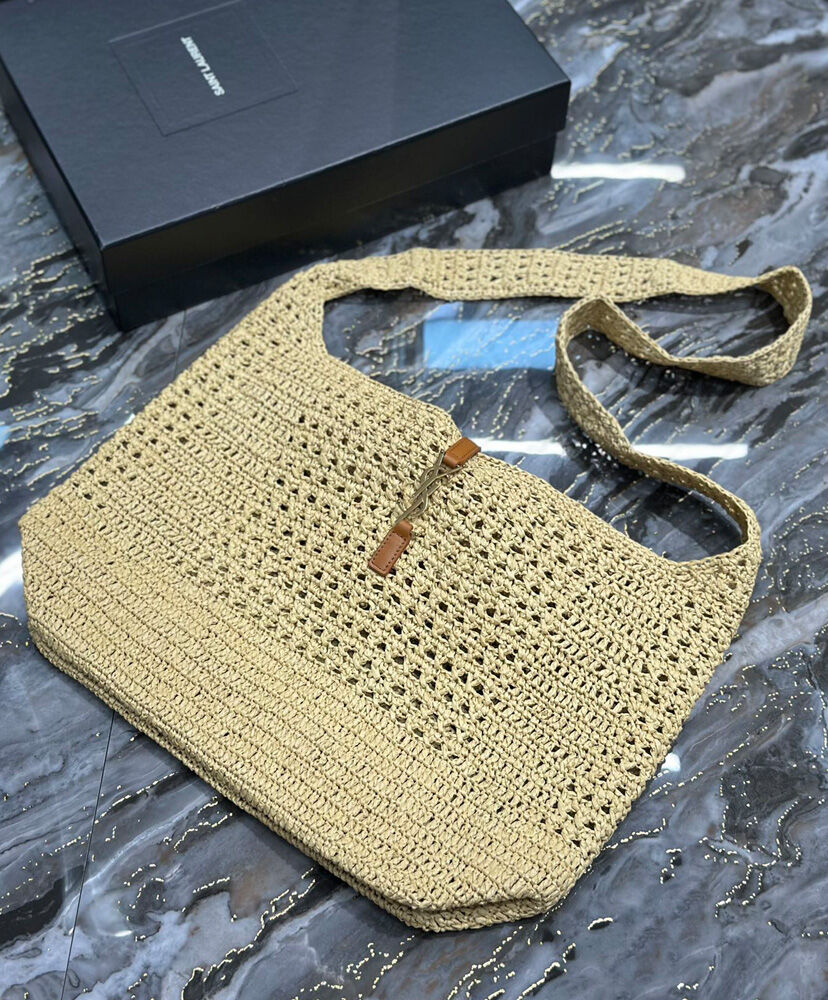Saint Laurent Hobo Raffia Bag In Crochet And Smooth Leather Apricot