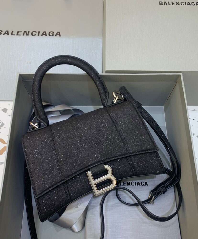 Balenciaga Hourglass XS Handbag In Glitter Material Black