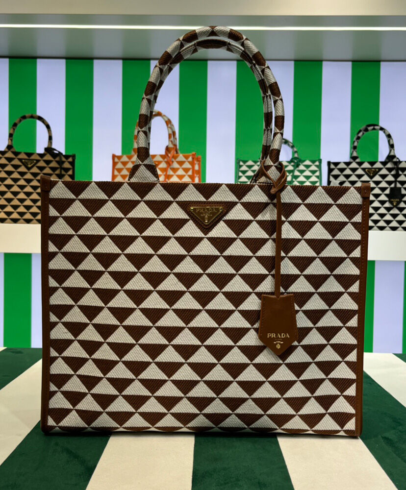 Prada Large Prada Symbole Jacquard Fabric Handbag Coffee