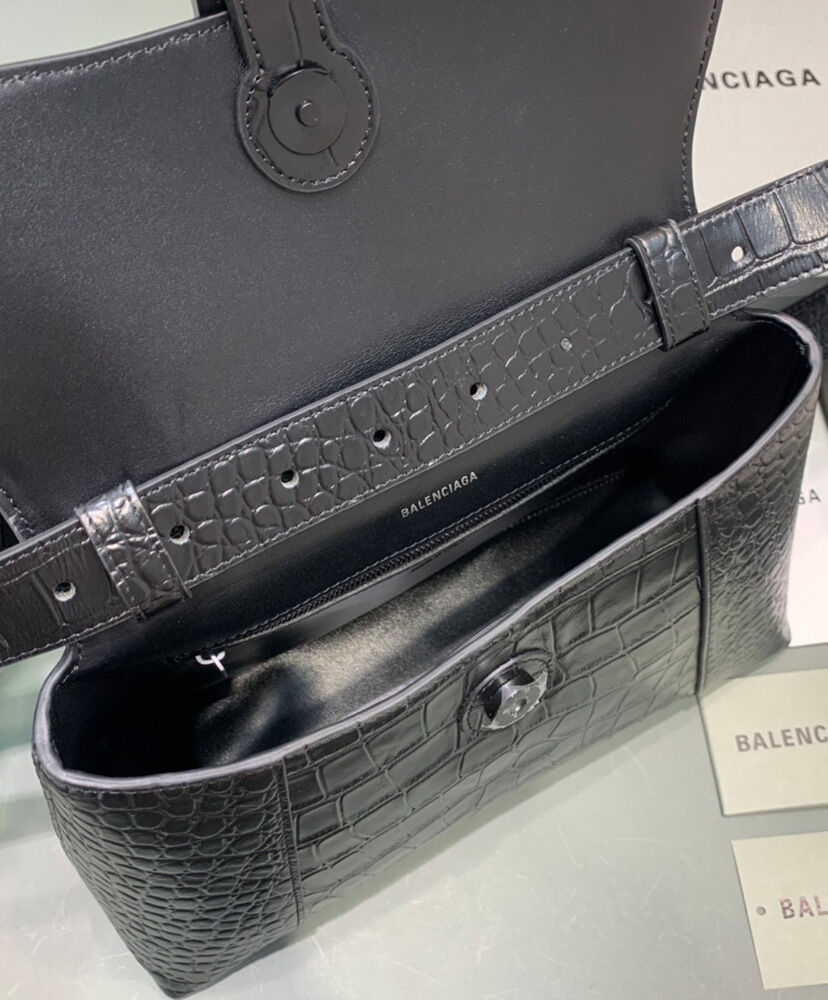Balenciaga Downtown Small Shoulder Bag With Chain Crocodile Embossed Black