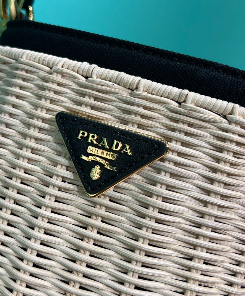Prada Wicker And Canvas Bucket Bag 1BE062 Black