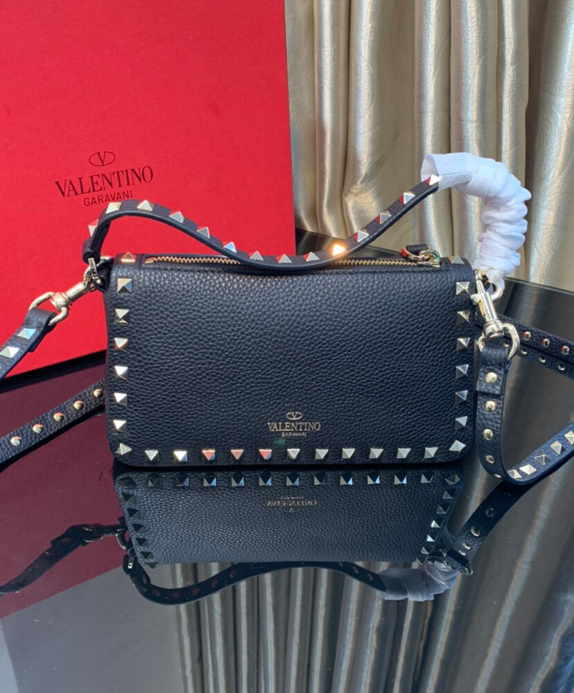 Valentino Small Rockstud Grainy Calfskin Crossbody Bag Black