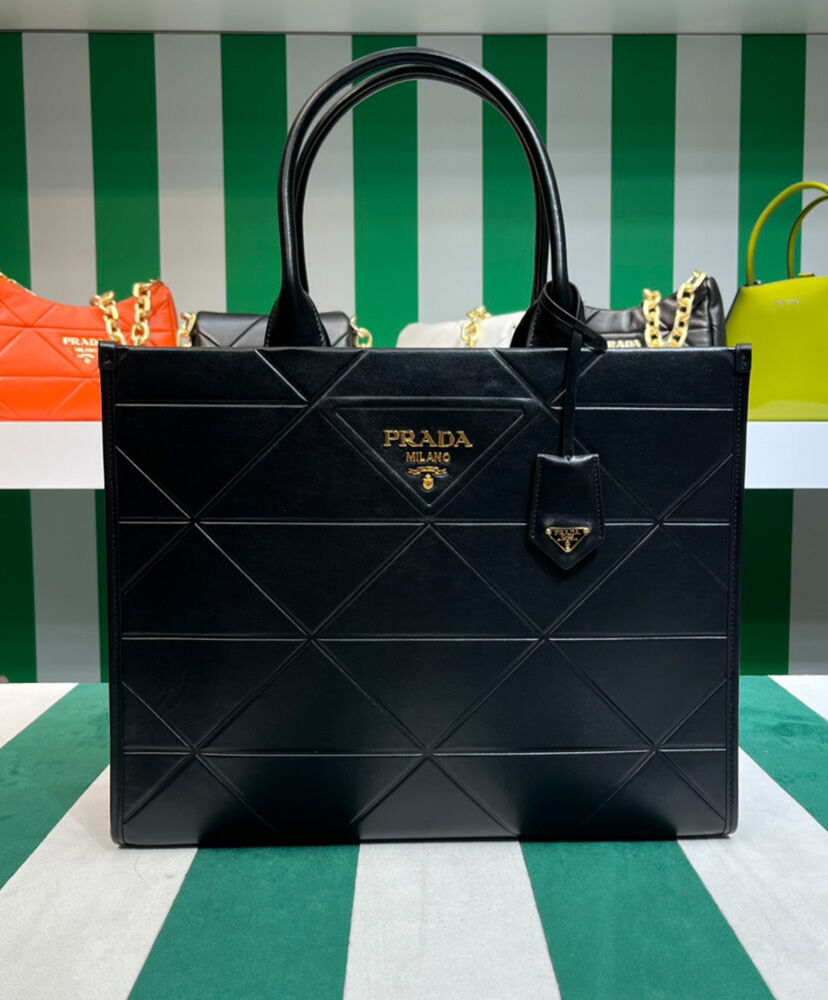 Prada Large Leather Prada Symbole Bag With Topstitching 1BA377 Black