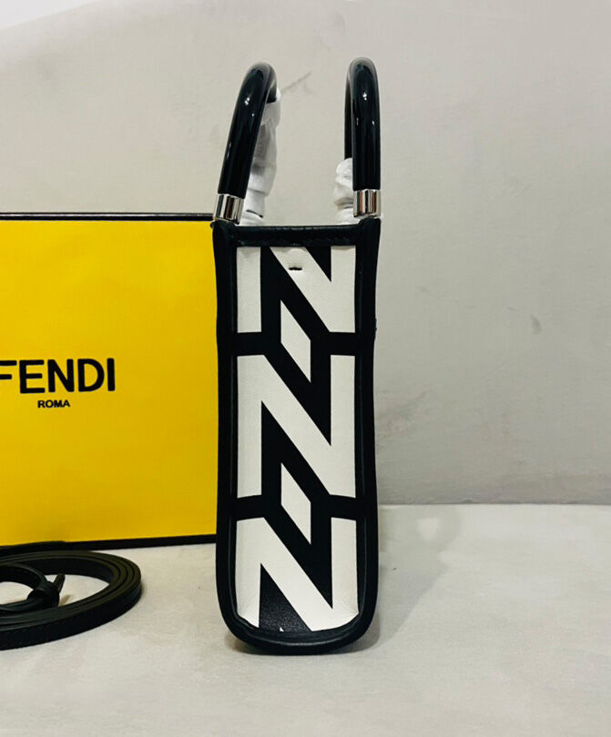 Fendi Mini Sunshine Shopper Two-tone printed leather Fendi Roma Capsule Mini-bag 8BS051 Black