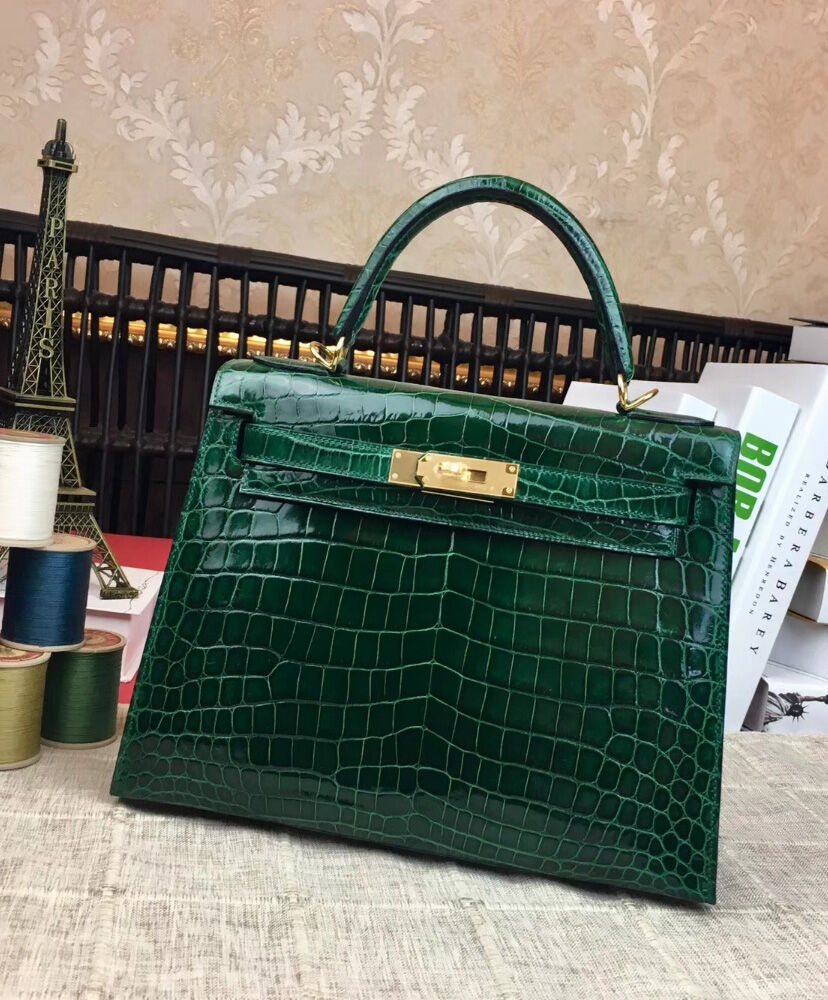 Hermes Kelly Bag 32 Crocodile leather Green