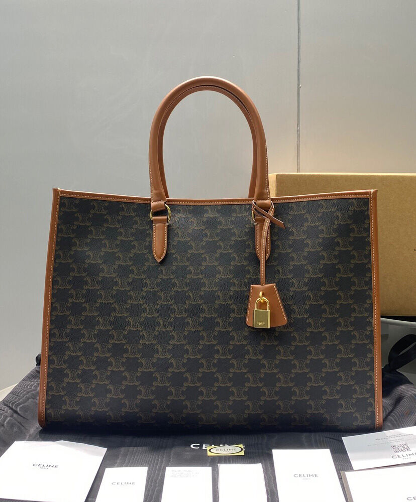 Celine Horizontal Cabas In Triomphe Canvas And Calfskin Coffee