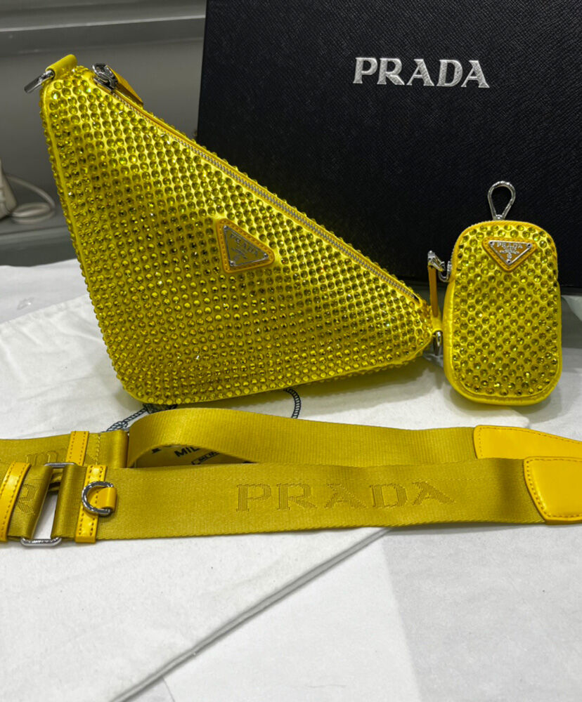 Prada Crystal-studded Satin Pouch 1NQ044 Yellow