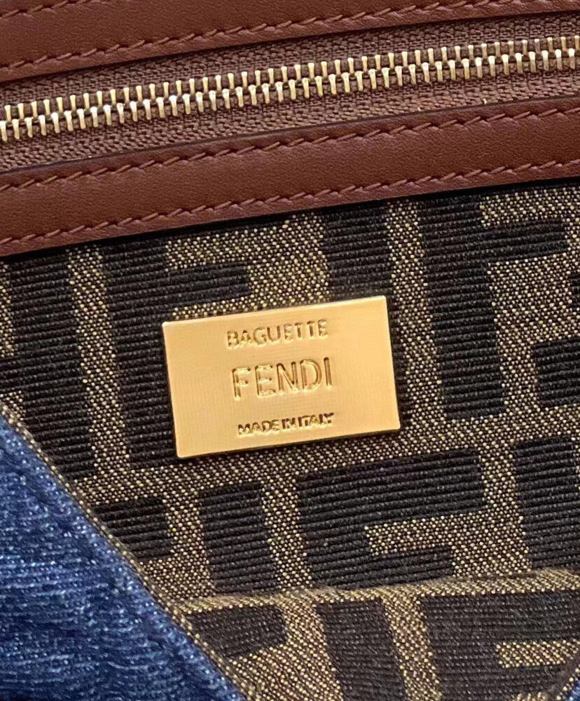 Fendi Baguette Chain Midi Denim Bag 8BR793 Blue