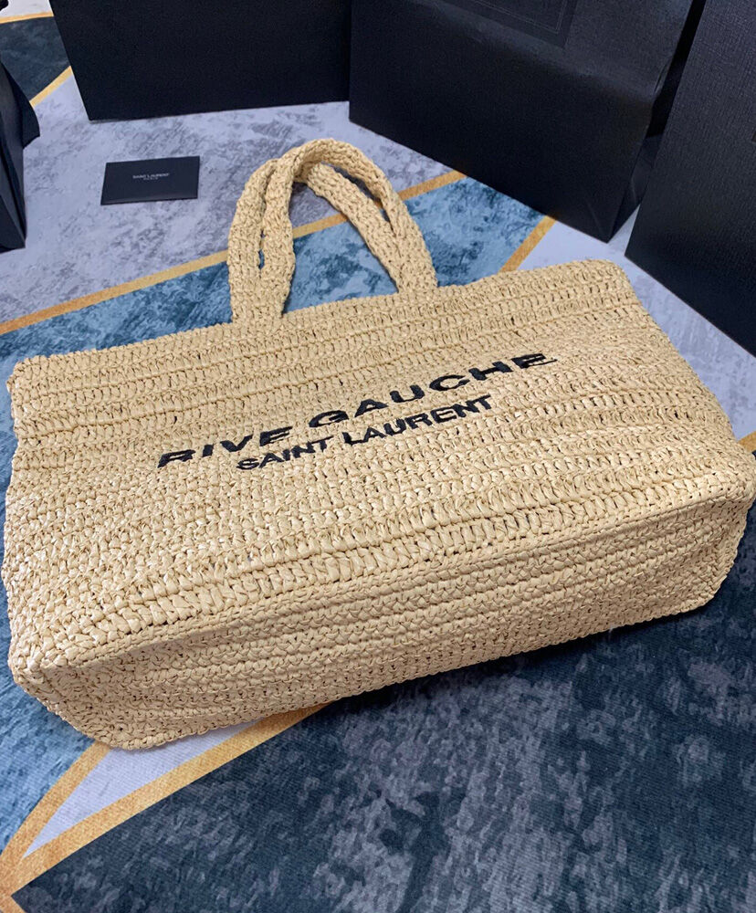 Saint Laurent Rive Gauche Supple Tote Bag In Raffia Crochet Apricot