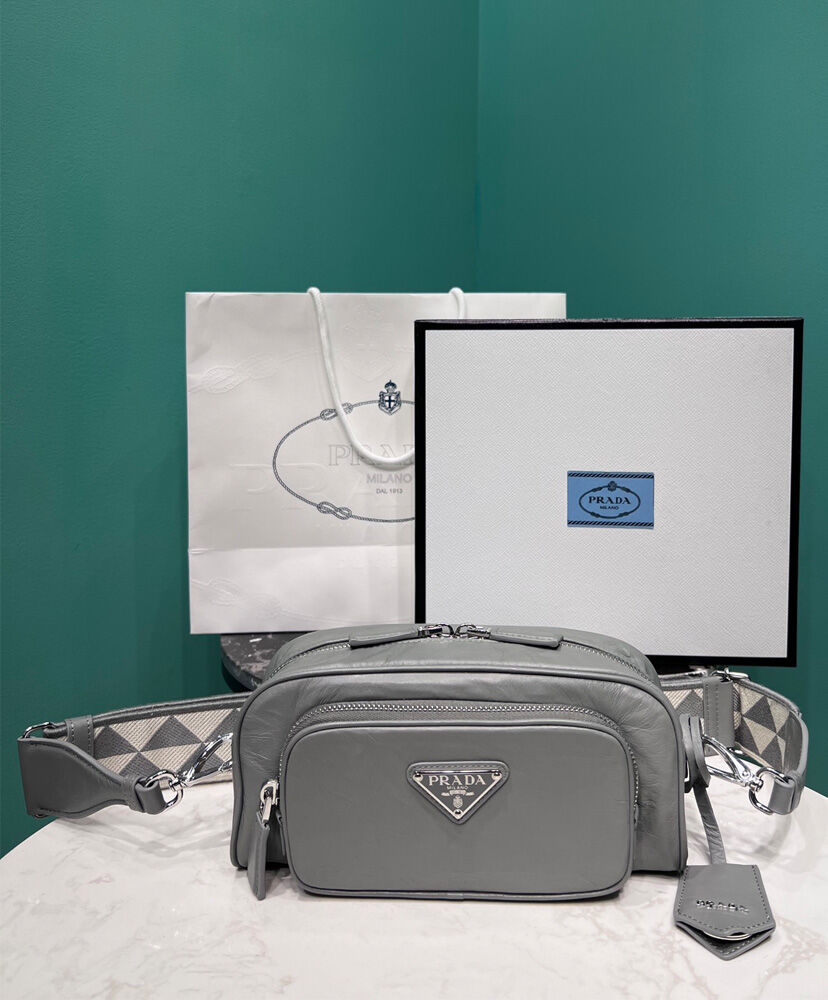 Prada Nappa Antique Leather Multi-pocket Shoulder Bag 1BH198 Gray